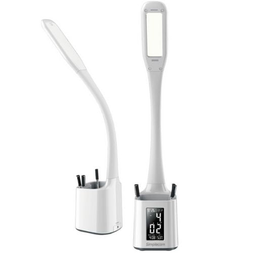 Simplecom LED Desk Lamp 6W Flexible Neck with Digital Clock & Pen Holder - White