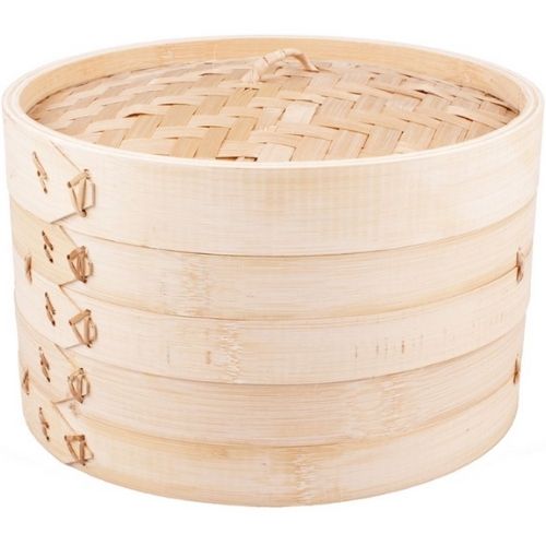 Steamer Bamboo Natural Round Basket Dumpling Vegetable 3 Piece Set Cookware 25cm