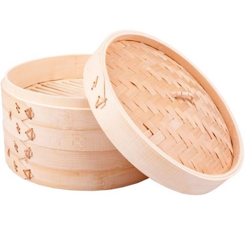 Steamer Bamboo Natural Round Basket Dumpling Vegetable 3 Piece Set Cookware 25cm