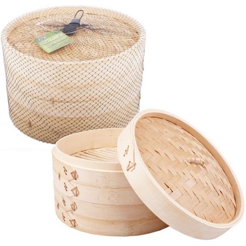 Steamer Bamboo Natural Round Basket Dumpling Vegetable 3 Piece Set Cookware 25cm