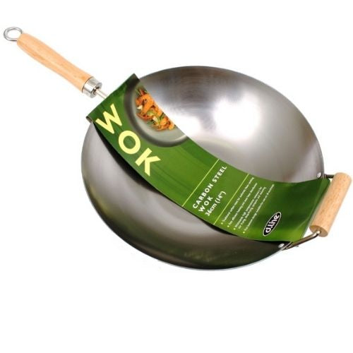 Stir Fry Pan Carbon Steel Wok Flattened Base Wooden Handle Chinese 36cm D.Line