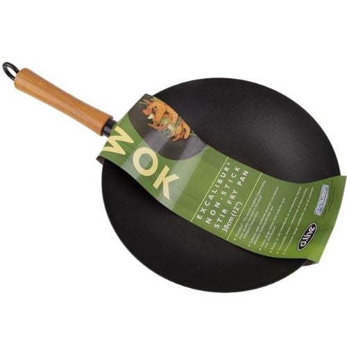 Stir Fry Pan Non-Stick Excalibur 30cm With Wooden Handle Chinese Wok Flat Bottom