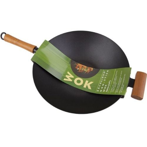 Stir Fry Pan Non-Stick Excalibur 36cm With Wood Handles Chinese Wok Flat Bottom