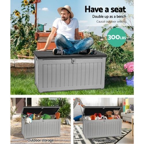 Storage Box Bench Seat 190L Outdoor Lockable Container Garden Tool Shed - Grey