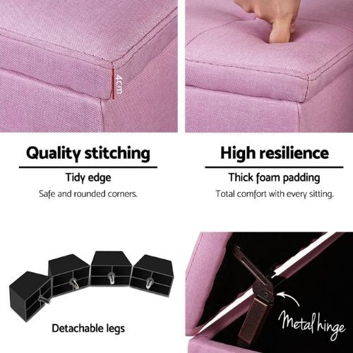 Storage Ottoman Blanket Box Linen Fabric Foot Stool Couch Bed Toy Chest - Pink