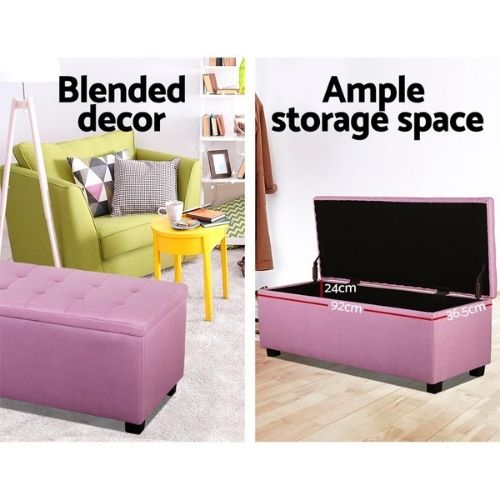 Storage Ottoman Blanket Box Linen Fabric Foot Stool Couch Bed Toy Chest - Pink