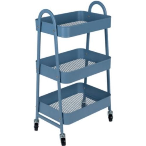 Storage Trolley Rack Organizer Shelf, 3 Tier Rolling Cart Lockable Wheels, Blue