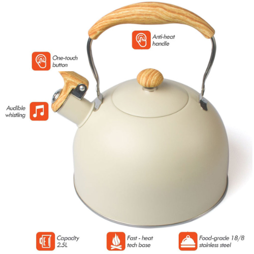 Tea Kettle Stovetop Whistling Teakettle Stainless Steel Modern Teapot 2.5L Cream