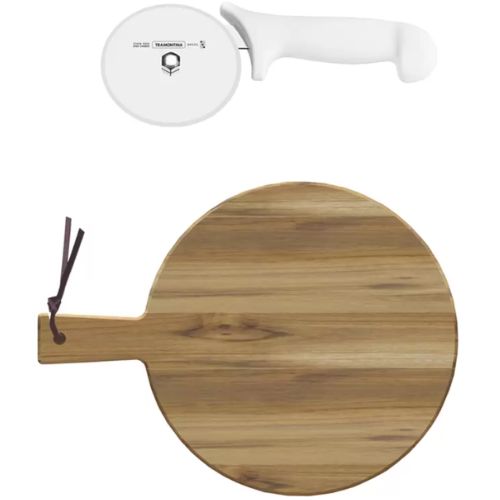 Tramontina Pizza Cutter and Serving Board Bundle Set 2pc Stainless Steel Wood