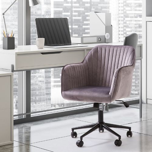 Velvet Office Chair Swivel Fabric Armchair Mid Back Height Adjustable - Grey