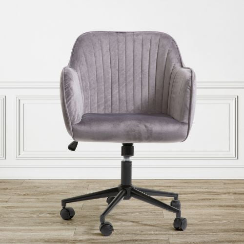 Velvet Office Chair Swivel Fabric Armchair Mid Back Height Adjustable - Grey