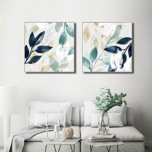 Watercolour Style Leaves White Frame Canvas Wall Art Painting Set of 2 (70x70cm)