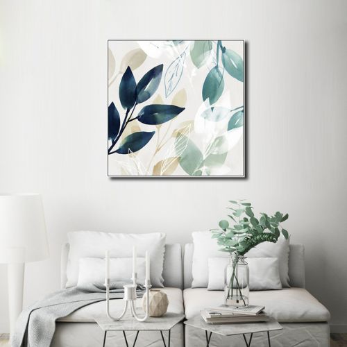 Watercolour Style Leaves White Frame Canvas Wall Art Painting Set of 2 (70x70cm)