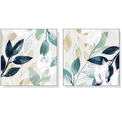 Watercolour Style Leaves White Frame Canvas Wall Art Painting Set of 2 (70x70cm)