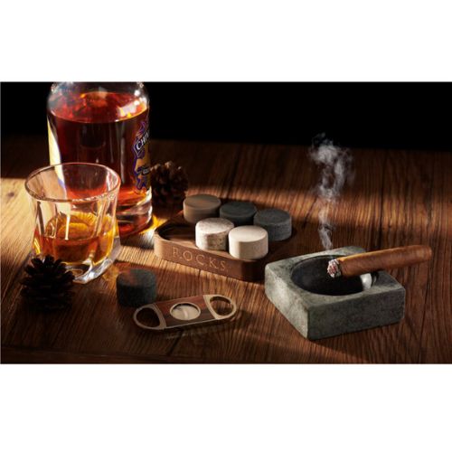 Wine Stash Whiskey Stones Gift Set With Cigar Cutter And Cigar Granite Ashtray