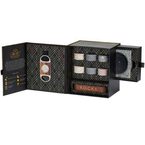 Wine Stash Whiskey Stones Gift Set With Cigar Cutter And Cigar Granite Ashtray