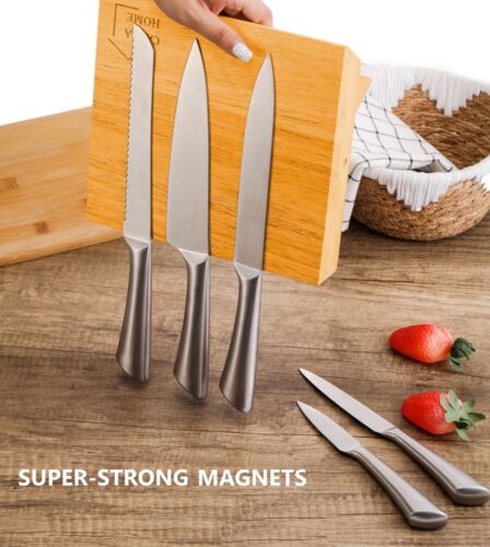 Natural Bamboo Magnetic Knife Block Holder with Strong Magnets for Home Kitchen Storage & Organisation