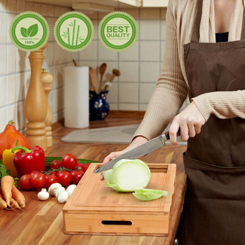 Large Bamboo Cutting Board and 4 Containers with Mobile Holder gift included for Home Kitchen