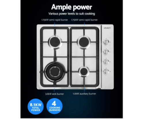 Devanti Gas Cooktop 60cm Kitchen Stove 4 Burner Cook Top NG LPG Stainless Steel Silver