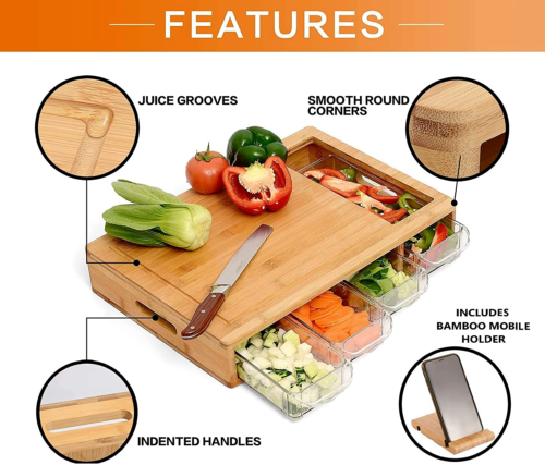 Large Bamboo Cutting Board and 4 Containers with Mobile Holder gift included for Home Kitchen